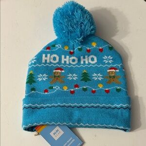 ALDI Blue Holiday Beanie NEW winter pompom hat Aldi gear gingerbread man ho ho